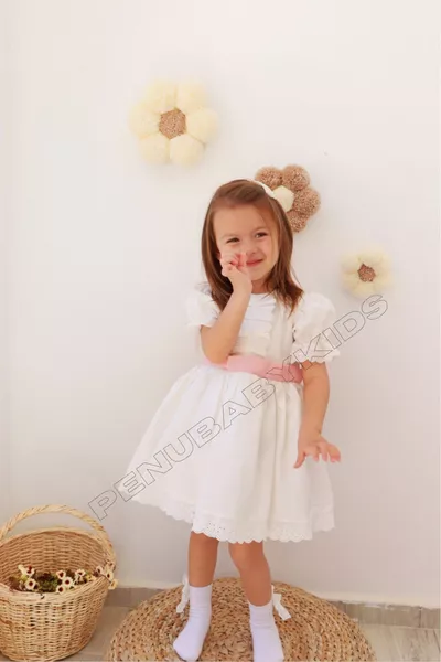 أبيض وردي القوس قصيرة الأكمام طفل فتاة اللباس - حلوى