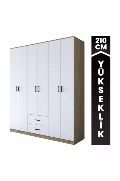 Rani Armadio Capiente 6 Ante con 2 Cassetti, 5 Ripiani, 3 Appendiabiti e Cesto Noce - Bianco