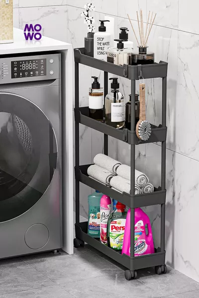 وحدة رفوف بعجلات 4 طوابق نحيفة باللون الأسود، رف حمام، رف مطبخ، منظم حمام