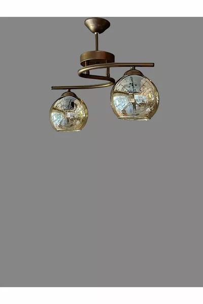 Plafonnier métallique café avec verre miel pour salon, chambre et cuisine Poyraz 2 lampes