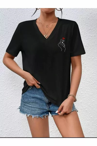 Oversize-T-Shirt mit V-Ausschnitt und Hand-/Herzdruck Shabby Boyfirend