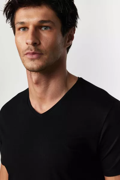 Men's Slim Fit Slim Fit Cotton Soft Textured Lycra Stretchy Fabric Plain Basic Black V-Neck T-Shirt