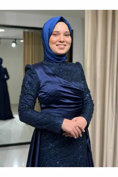 Stella Donna Drappeggiato Glitter Stampato Cape Nuova Stagione Hijab Abito Da Sera  Blu Navy