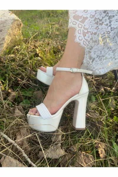 Women's Mother-of-Pearl Off-White Color Single Band Pearl Cm High Platform Heels Evening Dress Bridal Shoes