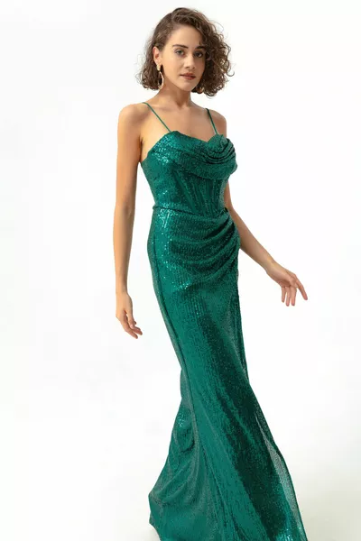 Women's Emerald Green Ballet Corset Detailed Sequined Slit Long Evening Dress