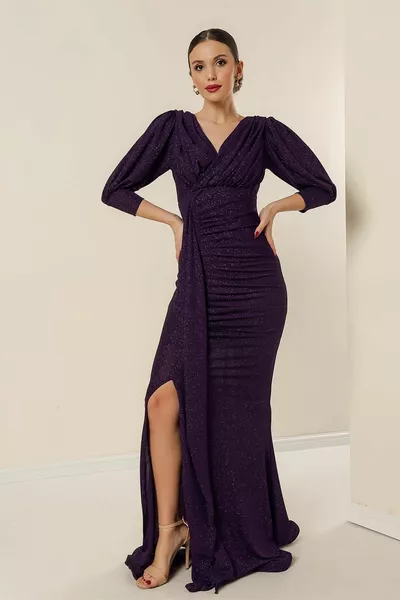 Double-breasted Kraag Gevoerd Gedrapeerde Front Gedrapeerde Side Split Sleeve Lange Glitter Jurk Paars