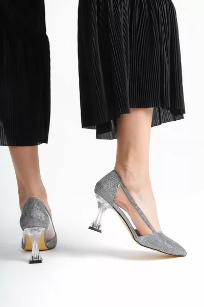 Damen Geschlossene Vorderseite Transparent Detail Grau Abendkleid Transparente Absätze Hochzeit