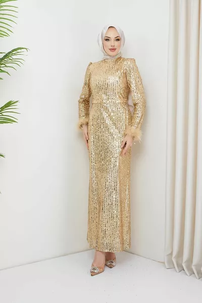 Вечернее платье из тюля с пайетками с манжетами и перьями, золото 