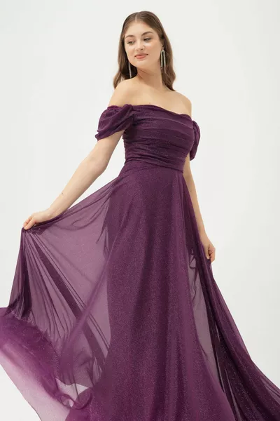 Robe de soirée femme prune col bateau drapée fendue longue paillettes