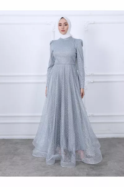 Glitter Detailed Belted Tulle Evening Dresses