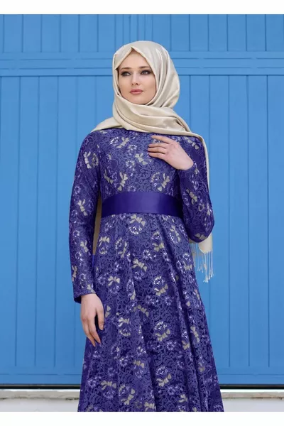 Abito da sera donna in pizzo con cintura blu navy (SAKS) 