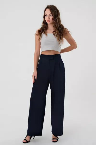 المرأة الأزرق الداكن عالية الخصر الفيلكرو Palazzo السراويل