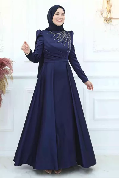 المرأة الأزرق الداكن الجبهة مطوي مفصلة الحجر مساء اللباس تي 