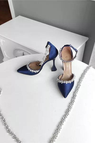 Bleu marine Satin cm Champagne Talons Cheville Ceinture Double Waterway Pierre Robe de soirée Stiltto Chaussures pour femmes