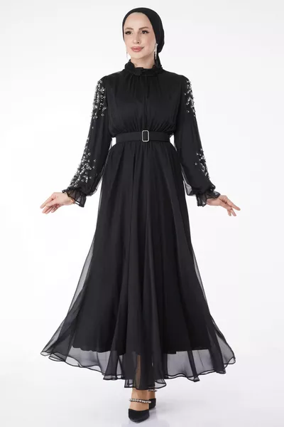 Права яка Judge Дамска черен ръкав и раменен камък детайлна вечерна рокля - 