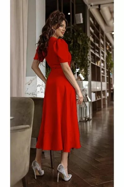 المرأة الأحمر مزدوج الصدر طوق انتفاخت حزام قصيرة الأكمام ميدي مساء اللباس