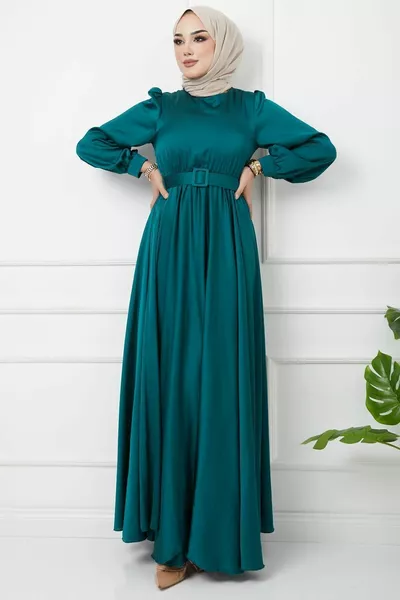 Flared Evening Dress with Belt Accessories Green 
