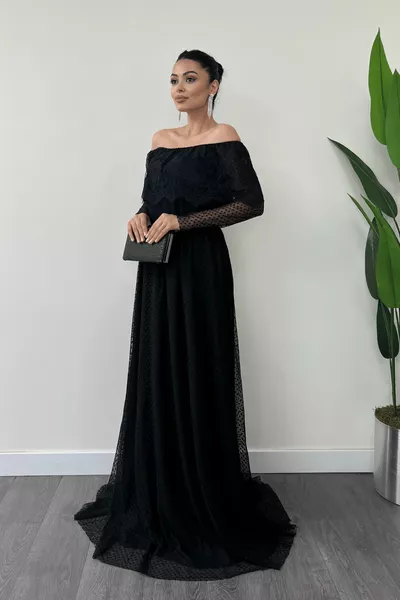 فستان دانتيل بخصر مطاطي - أسود