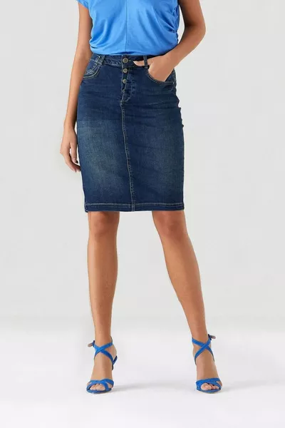 بانتامو تأثير لهجة داكنة المتسخة الأزرق ميدي امرأة تنورة الدنيم