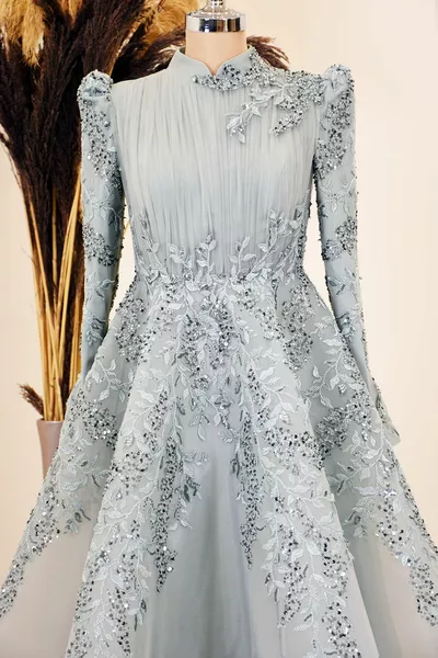 Floral Embroidered Serra Hijab Evening Dresses - mint