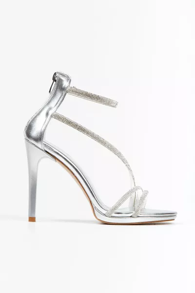 Women's Silver Metallic Double Strap Zippered Back Ankle Stylish Drop Stone Platform Evening Shoes