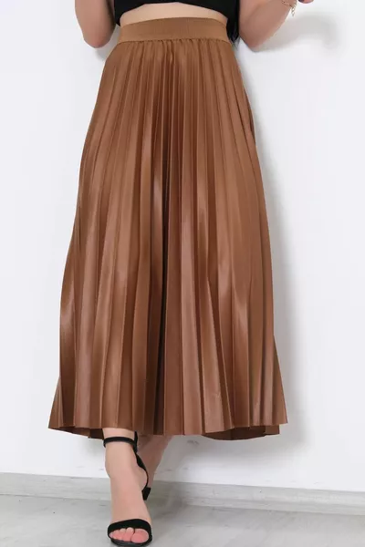 Damen Braun Hohe Taille Lederlook Midilänge Elastische Taille Langer ausgestellter Plisseerock Hijab