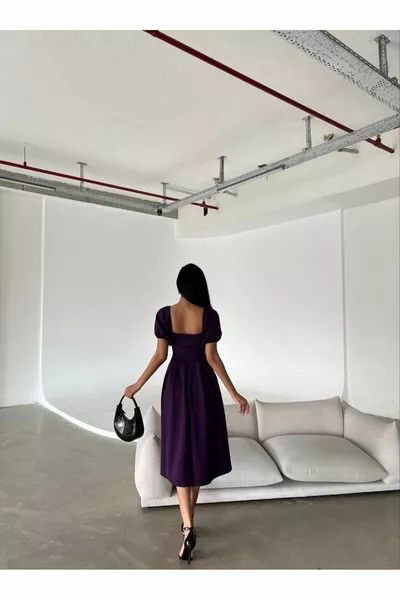 Nuova Stagione Da Donna Flessibile Diver Tessuto Collo Quadrato Manica A Palloncino Abito Da Sera Midi Nero 