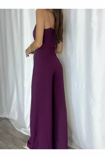 Purple Flexible Crepe Fabric Strap Double-breasted Collar Long Evening Dress Jumpsuit  