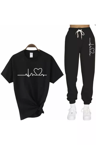 Özel Üretim Beyaz Kalp Atışı Baskılı Kısa Kollu Yazlık Kadın Eşofman Takımı