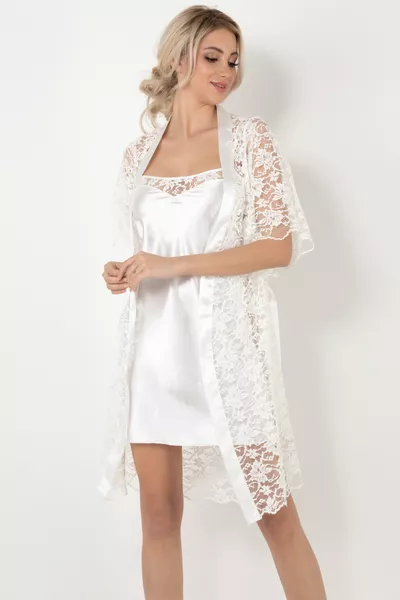 Set da 2 pezzi: Camicia da notte in raso con pizzo e spalline sottili + Vestaglia