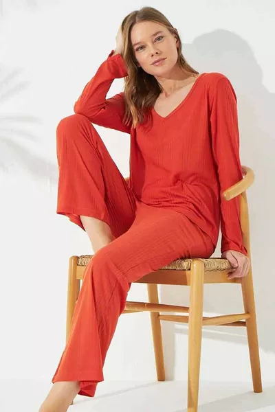 طقم بيجامة برتقالي لمسة ناعمة من قماش محاك رفيع