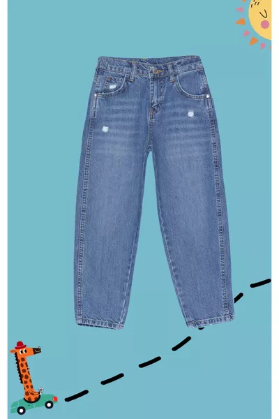 بنطال جينز دنيم قطن عادي للأطفال الذكور باللون الأزرق الداكن