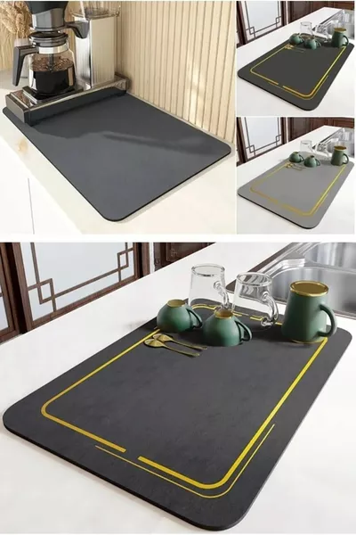 Bulaşık Kurutma Örtüsü Siyah Tezgah Üstü Bulaşık Matı Süper Emici Bulaşıklık