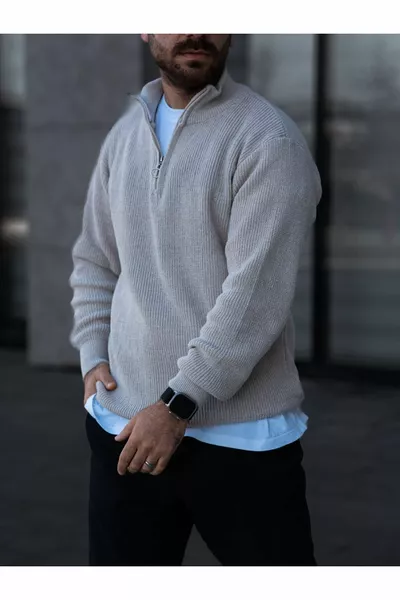 كنزة رجالية من صوف السلانك بياقة نصف سحاب باللون الحجر