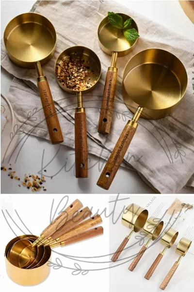 Комплект от 4 големи мерителни лъжици от неръждаема стомана с дървени дръжки, мерителни чаши мл мл мл мл