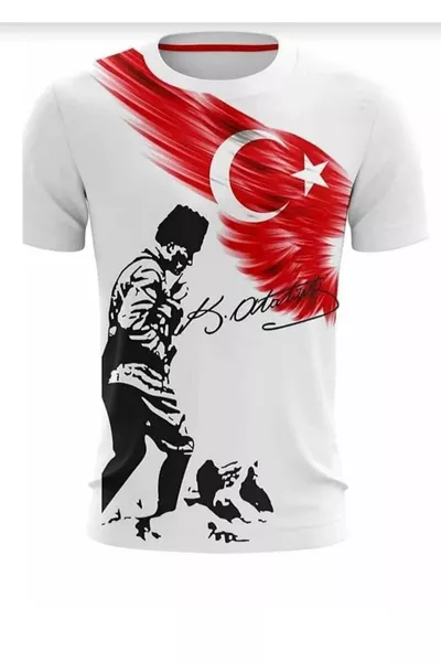 T-shirt unisexe manches courtes rouges avec imprimé Atatürk pour les spectacles du  avril,  octobre,  novembre et  mai