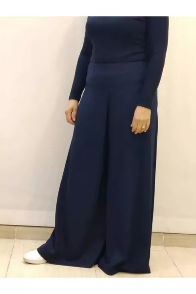 Navy Blue Knit Pants Skirt with Elastic Waist and Wide Legs