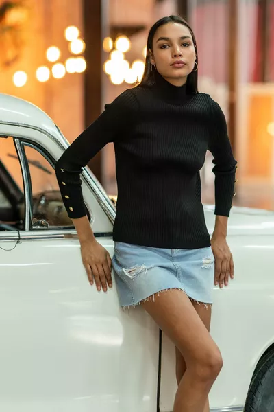 Women's Ribbed Knit Sweater with Half Turtleneck and Button Details Black 