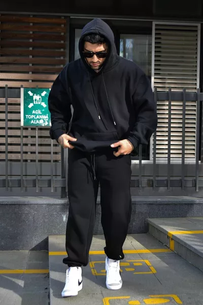 طقم بدلة رياضية رجالي شتوي أسود، 3 خيوط، مبطن بالقطبية، واسع