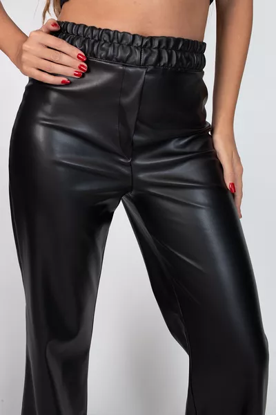 High-Waisted Wide-Leg Black Leather Pants with Elastic Waist