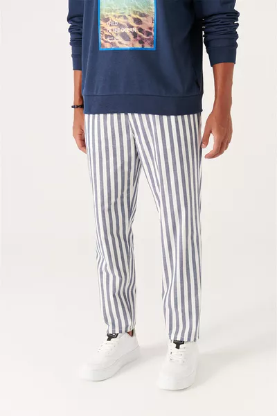 Men's White-Navy Wide Striped Relaxed Fit Pants 