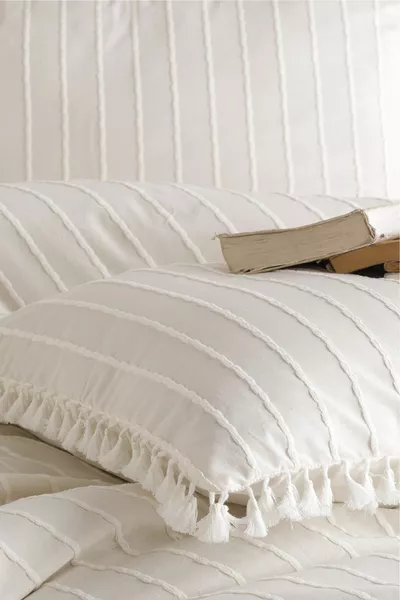 % Katoen Dubbel Dekbedovertrek Set met Kwastjes