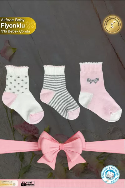 Lot de 3 chaussettes en coton pour nouveau-né fille rose avec motif et nœud