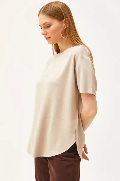 Women's Beige Modal Buttoned Soft-Textured Oval Hem T-Shirt 