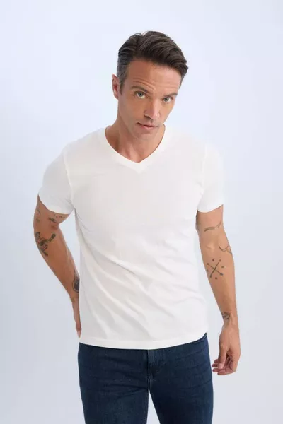 % Памук Regular Fit V-образно деколте Памучна базова права тениска с къси ръкави sp