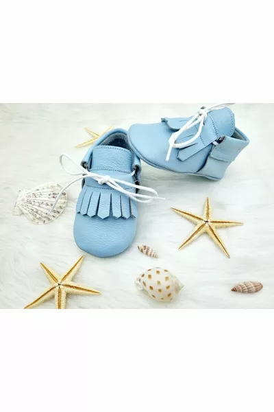 Piatto azzurro Vera Pelle Nappato, Facile da Vestire Comodo, Suola Anatomica Con Lacci