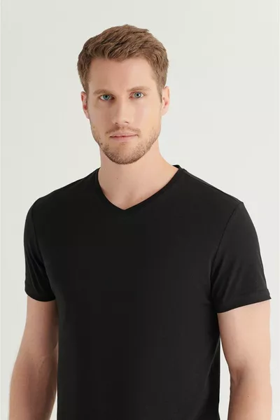 Men's Black % Cotton V-Neck T-shirt 