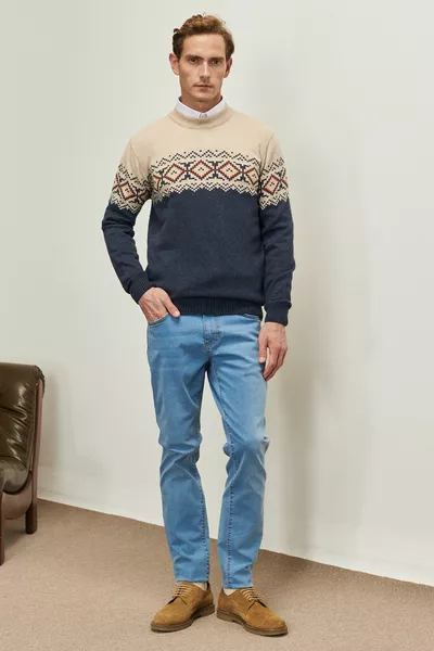 Heren Beige-Aviator Blue Standard Fit Halve Coltrui Zachte Getextureerde Gebreide Trui met Raison