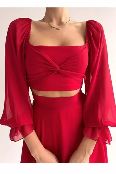 اصطف الشيفون النسيج قطعة واحدة الأحمر مساء اللباس  مع نظرة تمثال نصفي وتنورة