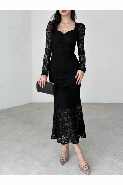 Femmes Dentelle Noire À Manches Longues Volant D’inertie Jupe Élégante Robe De Soirée